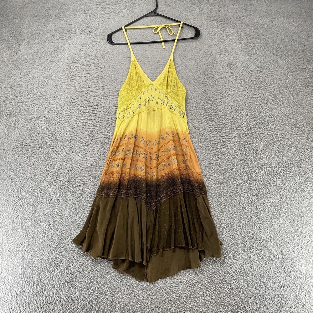 L.S.I. Dress Womens M‎ Yellow Ombroidered Smocked Boho Asymmetrical Sundress